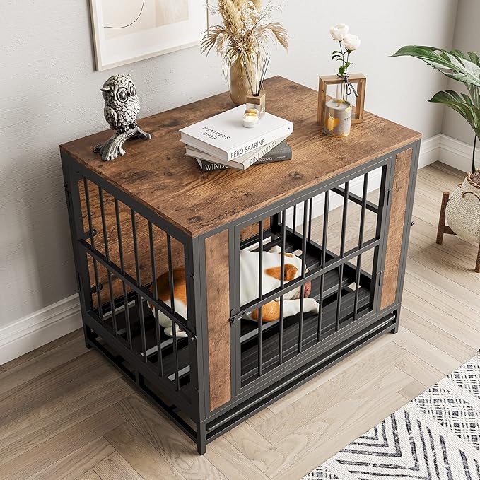 Dog Crate Furniture, Metal and Wooden Dog Crate, Dog Kennels with 3 Doors Indoor, Pet Puppy Crate End Table for Medium/Small Dog, Heavy Duty Dog House, Rustic Brown and Black