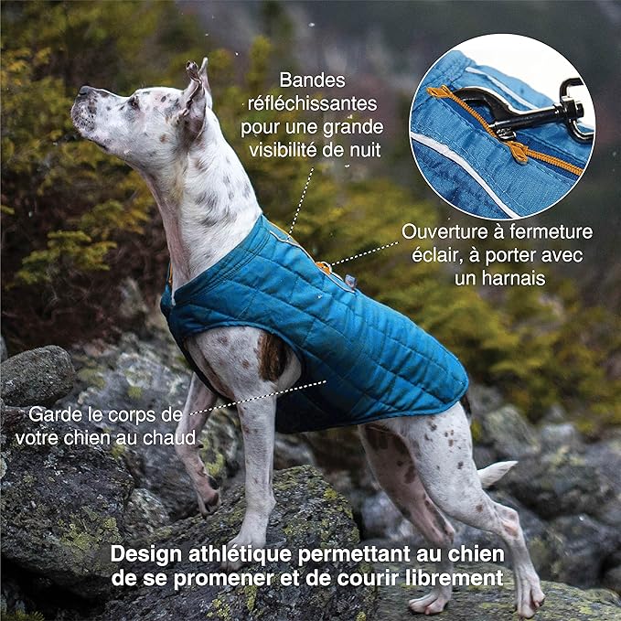 Kurgo Loft Dog Jacket, Reversible Dog Coat, Wear with Harness or Sweater, Water Resistant, Reflective, Winter Coat for Medium Dogs (Ink Blue, M)