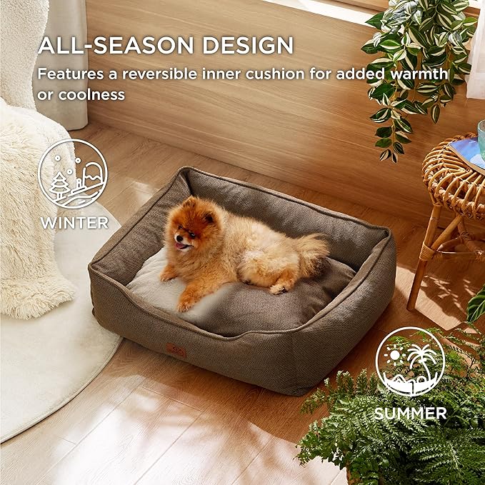 Bedsure Washable Dog Bed for Small Dogs - Waterproof All-Season Foam Puppy Beds, Orthopedic Rectangle Cuddle Indoor Cat Beds with Removable Zipper Cover, 25x21x8inches, Brown