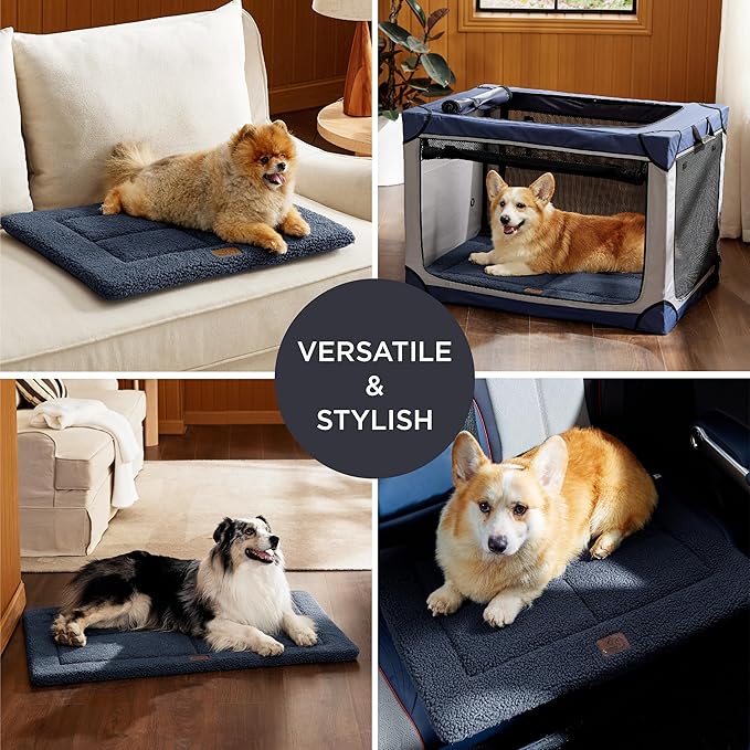 Bedsure Washable Dog Crate Bed for Small Dogs, Reversible Foam Floor Dog Mat, Lightweight Travel Flat Pet Beds for Indoor & Outdoor Dogs (24" x 18", Navy)