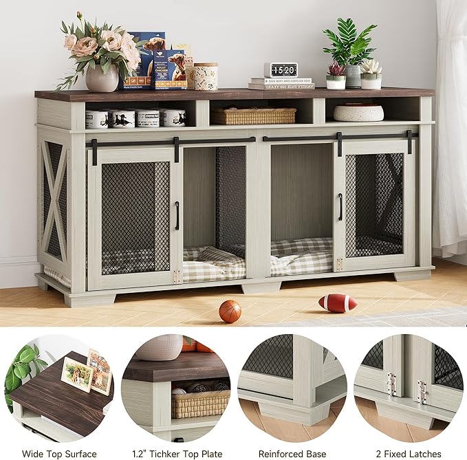 71" Extra Large Dog Crate Furniture, Wooden Double Dog Crates Kennel Cage,Furniture Style TV Stand Side End Table for 2 Dogs with Removable Divider for Large Dogs,3 Storage,White/Dark Oak