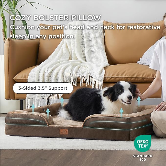 Bedsure Orthopedic Dog Bed for Large Dogs - Big Washable Dog Sofa Beds Large, Supportive Foam Pet Couch Bed with Removable Washable Cover, Waterproof Lining and Nonskid Bottom, Brown