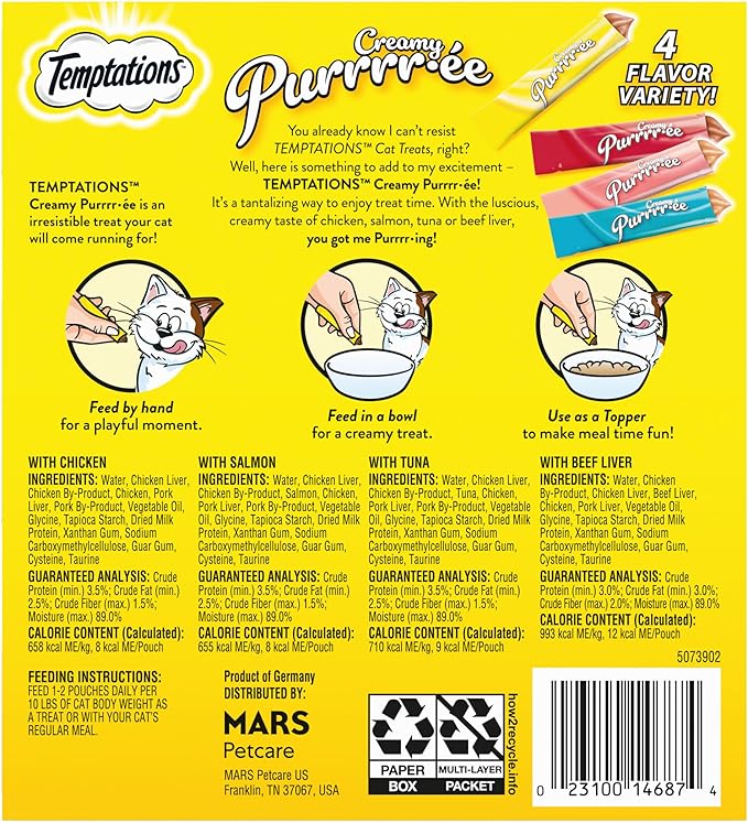 Temptations Creamy Puree with Beef Liver, Salmon, Chicken, and Tuna Squeezable Lickable Wet Cat Treat Variety Pack, 0.42 oz. Tubes, Pack of 48