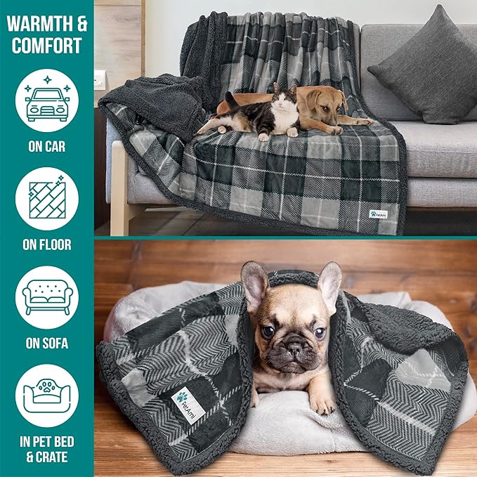 PetAmi Dog Blanket for Medium Large Dogs, Pet Bed Blanket Cat Puppy Kitten, Fleece Furniture Couch Cover Protector Sofa Car, Soft Sherpa Dog Throw Plush Reversible Washable, 40x60 Plaid Dark Gray