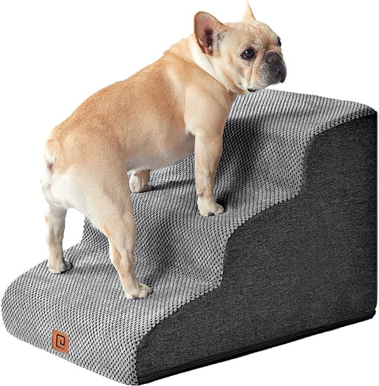 EHEYCIGA Curved Dog Stairs for Small Dogs 15.7" H, 3-Step Dog Steps for Couch Sofa and Chair, Pet Stairs for Cats, Non-Slip Balanced Pet Steps Indoor, Grey