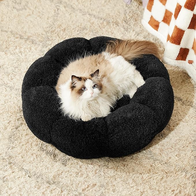 Lesure Calming Cat Beds for Indoor Cats - Cute Flower Pet Beds in Teddy Sherpa Plush, Donut Round Fluffy Puppy Bed, Non-Slip Extra Small Dog Bed Fits up to 15 lbs, Machine Washable, Black 20"