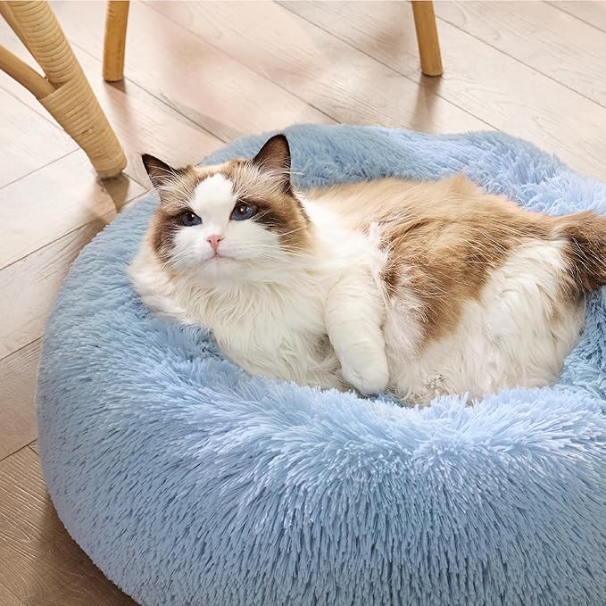 Bedsure Calming Cat Bed for Indoor Cats - Small Washable Round Cat Bed, Anti-Slip Fluffy Plush Faux Fur Pet Bed, Fits up to 15 lbs Pets, Blue, 20 inches