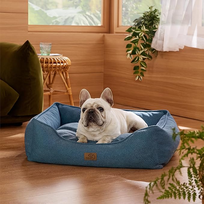 Bedsure Washable Dog Bed for Medium Dogs - Waterproof All-Season Foam Puppy Beds, Orthopedic Rectangle Cuddle Indoor Cat Beds with Removable Zipper Cover, 30x24x9inches, Blue