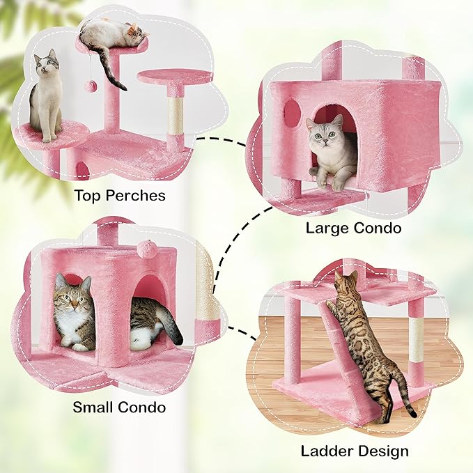 Yaheetech XL Cat Tree, 80in Multi-Level Cat Tower w/Cat Scratching Posts, Double Cat Condo, Perched Platforms and Dangling Balls, Cat Activity Center for Kittens Pets, Pink