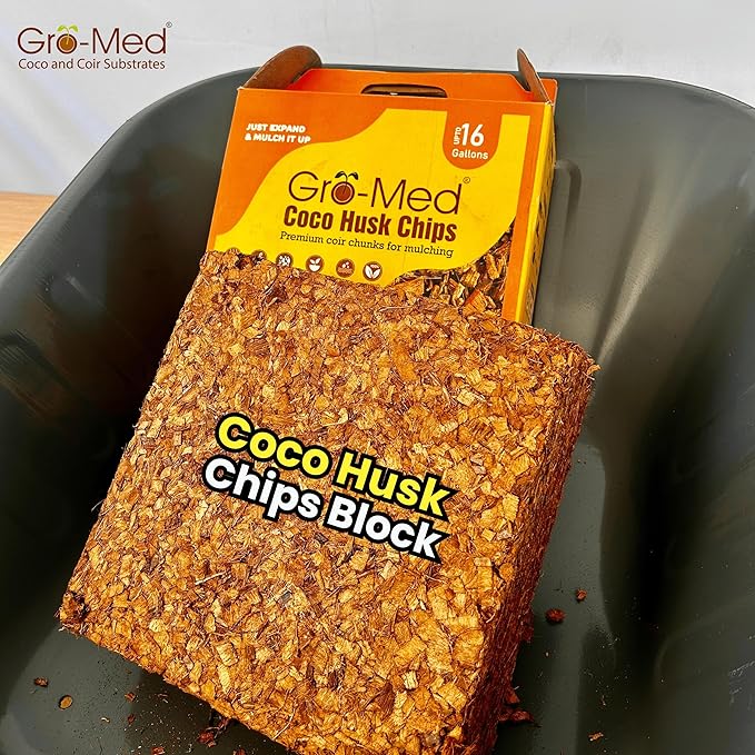 Coco Husk Chips Block 10lb Expands upto 16 Gallons Coconut Chip Substrate, Coco Coir Husk Mulch for Gardening, Indoor, Outdoor Plants Orchid Bark Alternative - OMRI Listed, Low EC Balanced pH