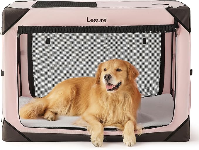 Lesure Collapsible Dog Crate - Portable Dog Travel Crate Kennel for Extra Large Dog, 4-Door Pet Crate with Durable Mesh Windows, Indoor & Outdoor (Pink)