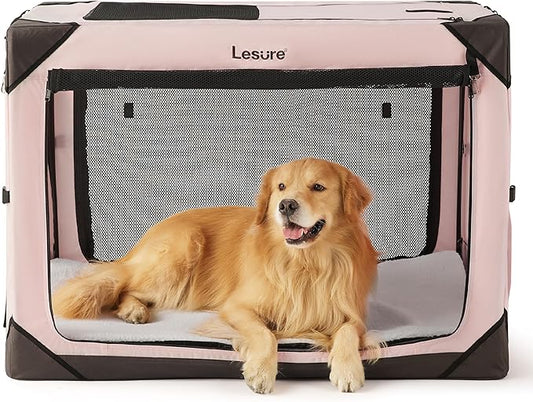 Lesure Collapsible Dog Crate - Portable Dog Travel Crate Kennel for Extra Large Dog, 4-Door Pet Crate with Durable Mesh Windows, Indoor & Outdoor (Pink)