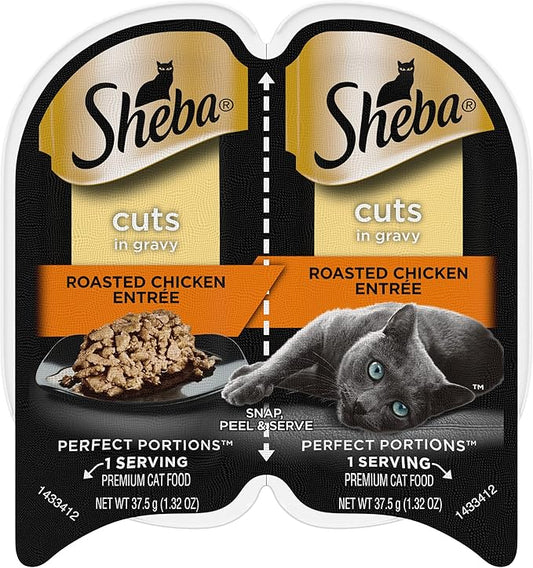 SHEBA PERFECT PORTIONS Cuts in Gravy Wet Cat Food Trays (24 Count, 48 Servings), Roasted Chicken Entrée, Easy Peel Twin-Pack Trays