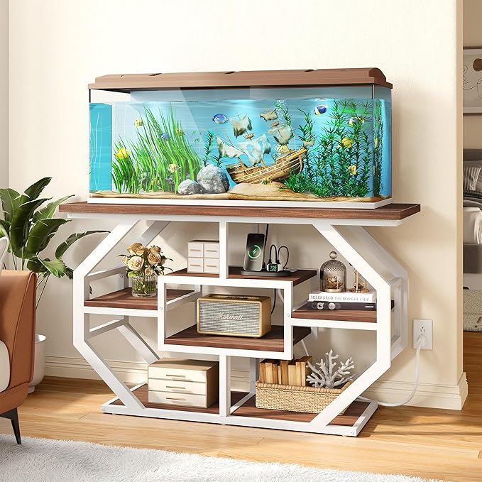 DWVO 55-75 Gallon Aquarium Stand with Power Outlet, Display Stand for Turtle Tank, Reptile Terrarium, Metal Fish Tank Stand Suitable for Living Room, Entryway, 860LBS Capacity, White & Walnut