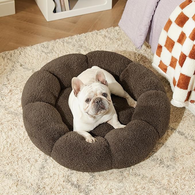 Lesure Calming Medium Dog Bed - Flower Donut Round Fluffy Puppy Bed in Plush Teddy Sherpa, Non-Slip Cute Flower Cat Bed for Indoor Cat, Medium Pet Bed Fits up to 45 lbs, Machine Washable, Espresso 30"