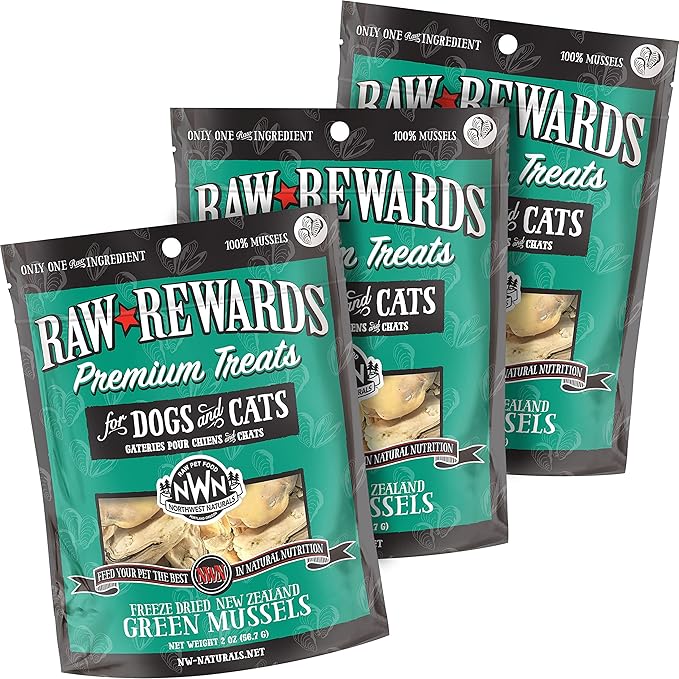 Northwest Naturals Raw Rewards Freeze-Dried Green Lipped Mussel Treats for Dogs and Cats - Bite-Sized Pieces - Healthy, 1 Ingredient, Human Grade, Natural - 2 Oz (Pack of 3) (Packaging May Vary)