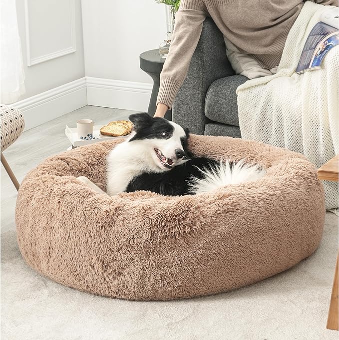 Bedsure Calming Dog Bed for Large Dogs - Donut Washable Large Pet Bed, 36 inches Anti Anxiety Round Fluffy Plush Faux Fur Dog Bed, Fits up to 100 lbs Pets, Camel