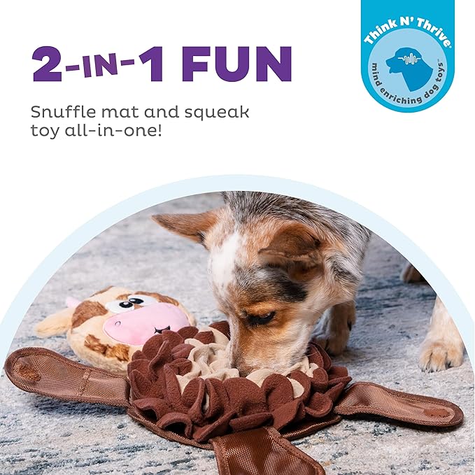 Outward Hound Nina Ottosson Snuffle Palz Interactive Plush Dog Puzzle and Snuffle Mat for Dogs, Non-slip Snuffle Mat, Dog Enrichment Toys, Plush, Cow, Brown, Large