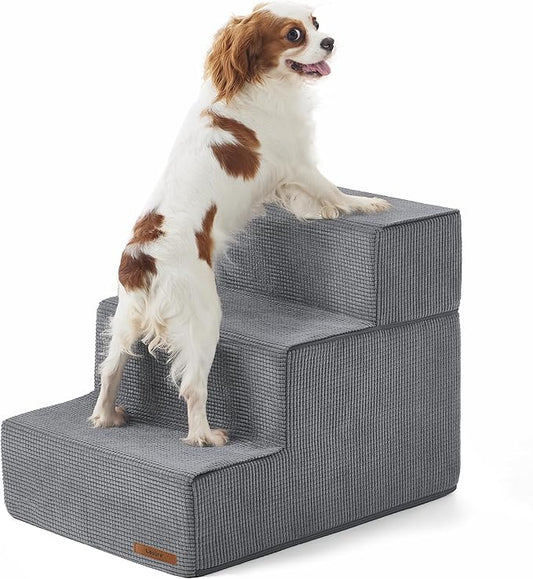 Lesure Dog Stairs for High Beds - Extra Wide Pet Stairs for Large/Medium/Small Dogs and Old Cats, Foldable Dog Steps with CertiPUR-US Certified Foam and Non-Slip Bottom, Grey, 4 Steps