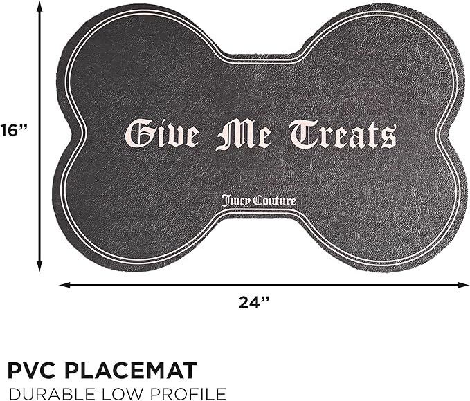Juicy Couture Give Me Treats Pet Placemat - Bone Shaped - Black -16"x24" - Dog & Cat Food Mat