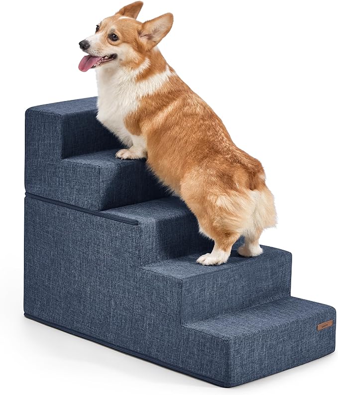 Lesure Dog Stairs for Small Dogs - Pet Stairs for Beds and Couch, Folding Pet Steps with CertiPUR-US Certified Foam for Cat and Doggy, Non-Slip Bottom Dog Steps, Navy Blue Linen-Like Fabric, 5 Steps