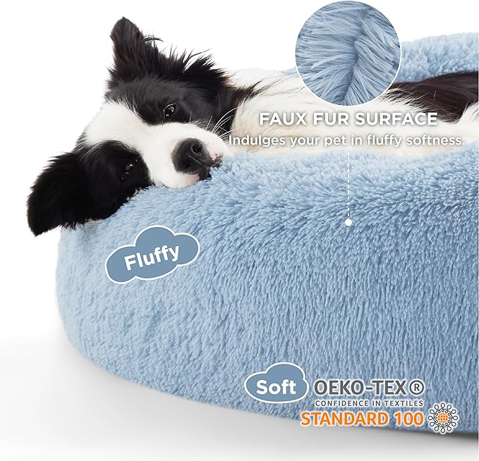 Bedsure Calming Dog Bed for Large Dogs - Donut Washable Large Pet Bed, Anti-Slip Round Fluffy Plush Faux Fur Dog Bed, Fits up to 100 lbs Pets, Blue, 36 inches