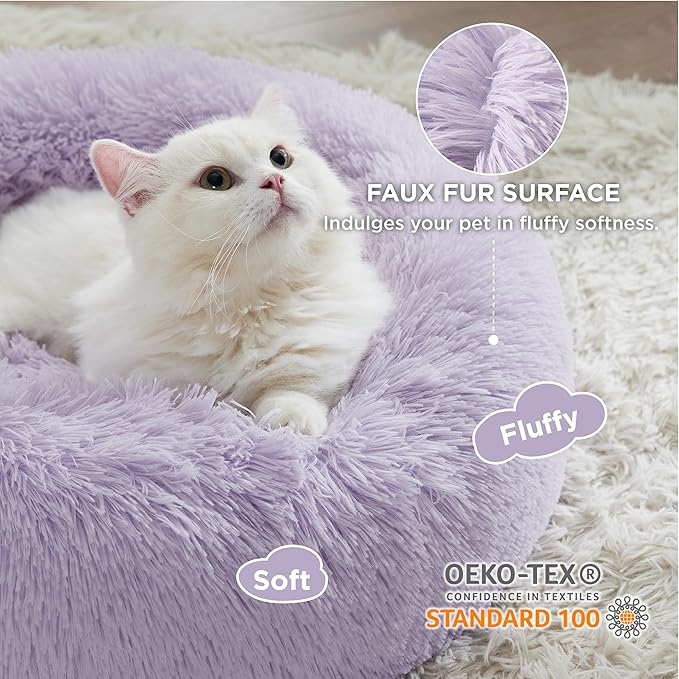 Bedsure Calming Cat Beds for Indoor Cats - Small Cat Bed Washable 20 inches, Anti-Slip Round Fluffy Plush Faux Fur Pet Bed, Fits up to 15 lbs Pets, Purple