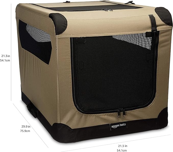 Amazon Basics 2-Door Portable Soft-Sided Folding Soft Dog Travel Crate Kennel, Medium (29.92 x 21.3 x 21.3 Inches), Tan