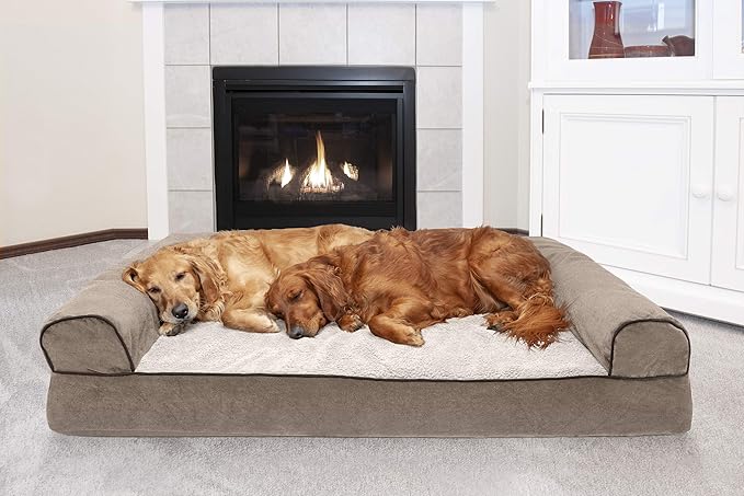 Furhaven Orthopedic Dog Bed for Large Dogs w/ Removable Bolsters & Washable Cover, For Dogs Up to 125 lbs - Sherpa & Chenille Sofa - Cream, Jumbo Plus/XXL