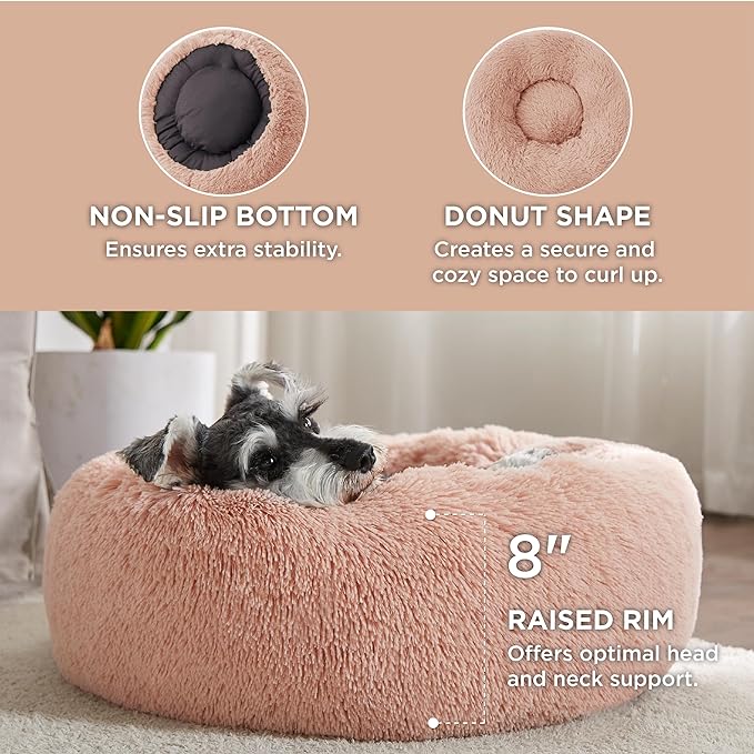 Bedsure Calming Dog Bed for Small Dogs - Donut Washable Small Pet Bed, 23 inches Anti-Slip Round Fluffy Plush Faux Fur Large Cat Bed, Fits up to 25 lbs Pets, Pink