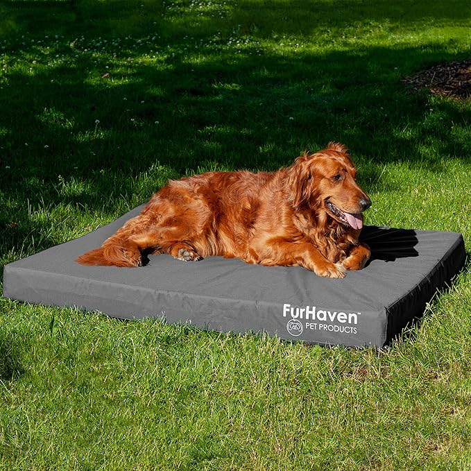 Furhaven Water-Resistant Cooling Gel Dog Bed for Large Dogs w/ Removable Washable Cover, For Dogs Up to 95 lbs - Indoor/Outdoor Logo Print Oxford Polycanvas Mattress - Stone Gray, Jumbo/XL