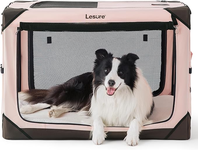 Lesure Collapsible Dog Crate - Portable Dog Travel Crate Kennel for Large Dog, 4-Door Pet Crate with Durable Mesh Windows, Indoor & Outdoor (Pink)