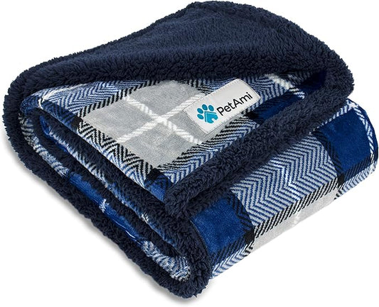 PetAmi Waterproof Dog Blanket for Small Medium Dog, Pet Puppy Blanket Couch Cover Protection, Sherpa Fleece Cat Blanket Couch Sofa Bed Furniture Protector Reversible Soft Washable 29x40 Plaid Navy