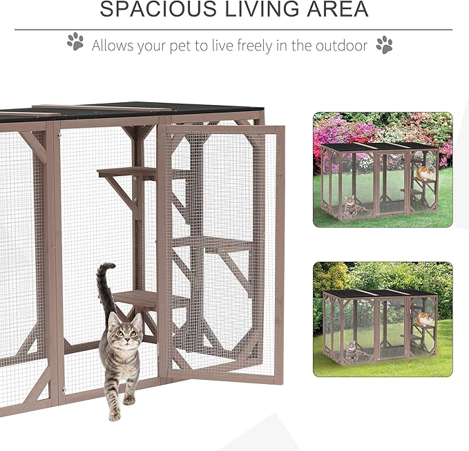 71 Inch Wooden Catio Outdoor Cat Enclosure, Kitty-House with Jumping Platforms & Weatherproof Asphalt Roof, Walk-in Kitty Kennel Condo Shelter