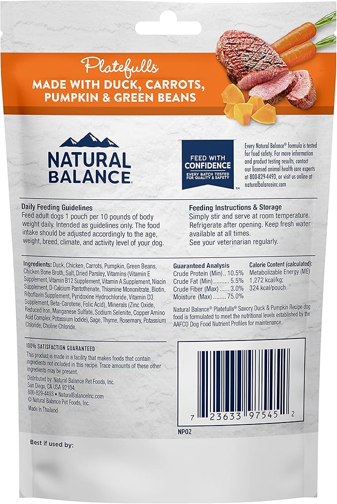 Natural Balance Platefulls Homestyle Adult Wet Dog Food, Savory Duck & Pumpkin Recipe Cooked in Bone Broth, 9 Ounce (Pack of 12)