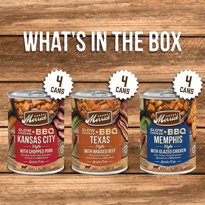 Merrick Slow-Cooked BBQ Premium Real Meat Canned Wet Dog Food Variety Pack, Beef, Chicken And Pork Recipes - (Pack of 1) 9.5 lb. Cans