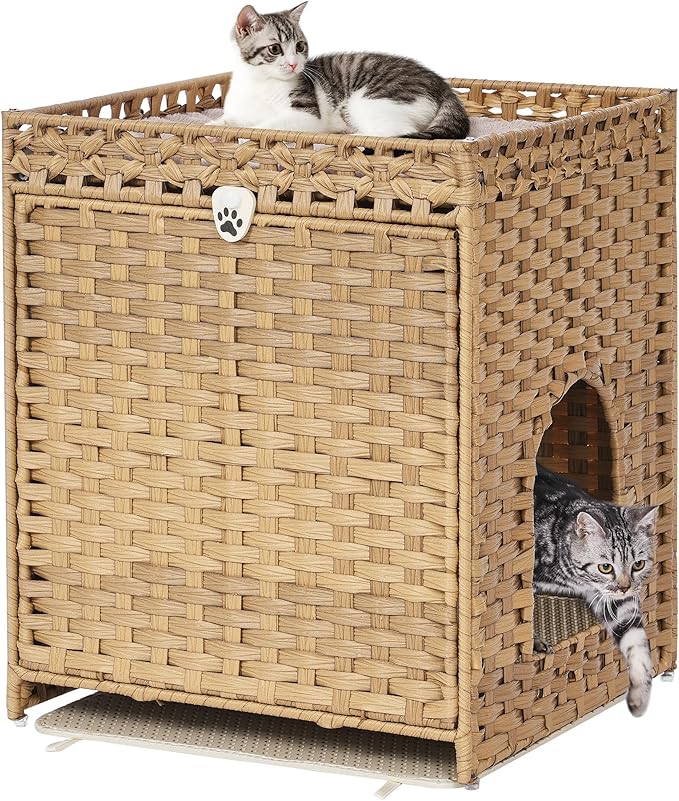 Cat Litter Box Enclosure with Soft Litter Mat; Hidden Cat Washroom Furniture with Door; Handwoven Rattan Cat House; Pet Crate for Living Room, Bedroom, Balcony (Natural)