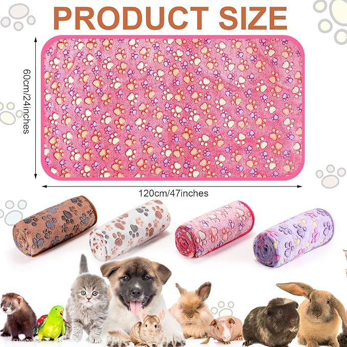 4 Pcs Pet Blanket Dog Puppy Blanket Paw Print Fleece Blanket for Small Medium Pet Dog Cat Warm Soft Sleep Mat Guinea Pig Cage Liners Blanket (White, Coffee, Pink, Purple,Midwest (24 x 47 Inch))