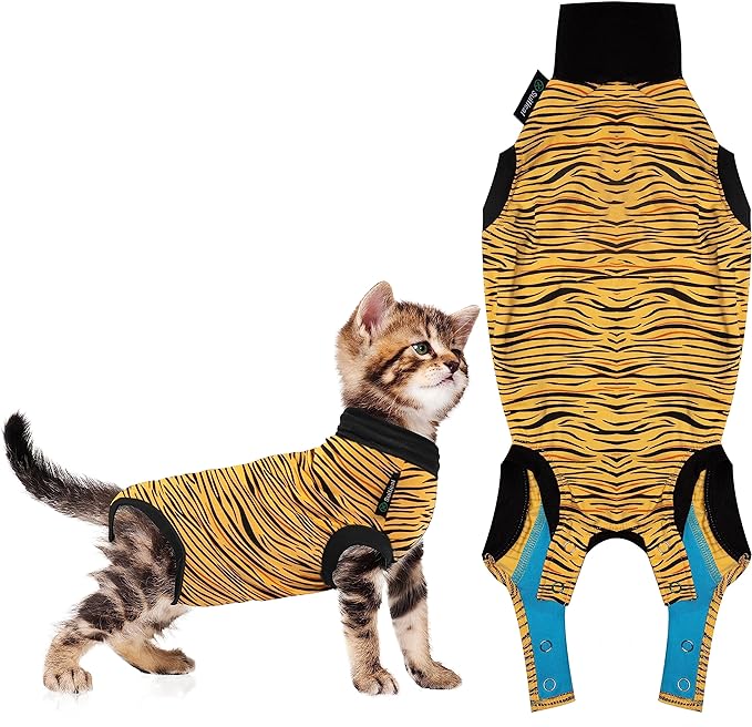 Cat Recovery Suit - Cat Recovery Suit for Spay, Neuter, Suture, Incision, & Skin Conditions - Breathable Fabric with Back Opening - XXXS Cat Suit by Suitical, Tiger Print