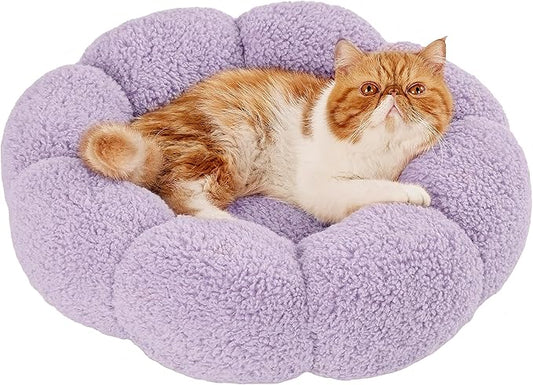 Lesure Calming Cat Beds for Indoor Cats - Cute Flower Pet Beds in Teddy Sherpa Plush, Donut Round Fluffy Puppy Bed, Non-Slip Extra Small Dog Bed Fits up to 15 lbs, Machine Washable, Purple 20"