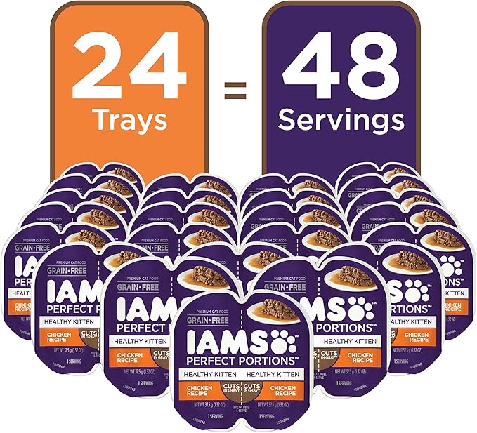 IAMS PERFECT PORTIONS Healthy Kitten Grain Free* Wet Cat Food Cuts in Gravy, Chicken Recipe, (24) 2.6 oz. Easy Peel Twin-Pack Trays