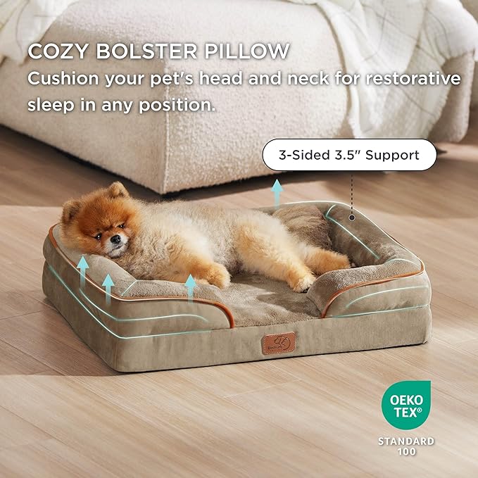 Bedsure Small Orthopedic Dog Bed - Washable Bolster Dog Sofa Beds for Small Dogs, Supportive Foam Pet Couch Bed with Removable Washable Cover, Waterproof Lining and Nonskid Bottom Couch, Hazel