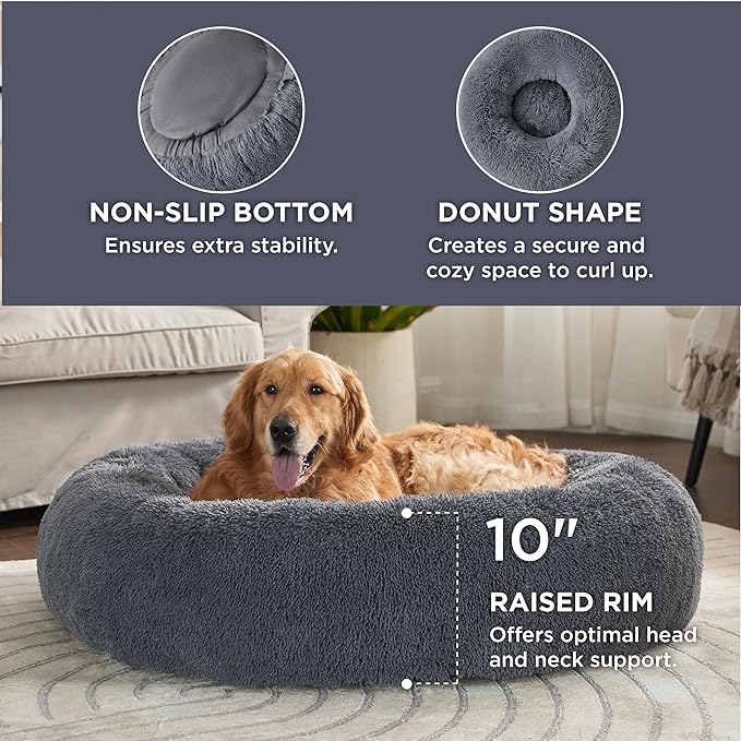 Bedsure Calming Dog Bed for Extra Large Dogs - Donut Washable Large Pet Bed, 45 inches Anti-Slip Round Fluffy Plush Faux Fur Dog Bed, Fits up to 125 lbs Pets, Grey