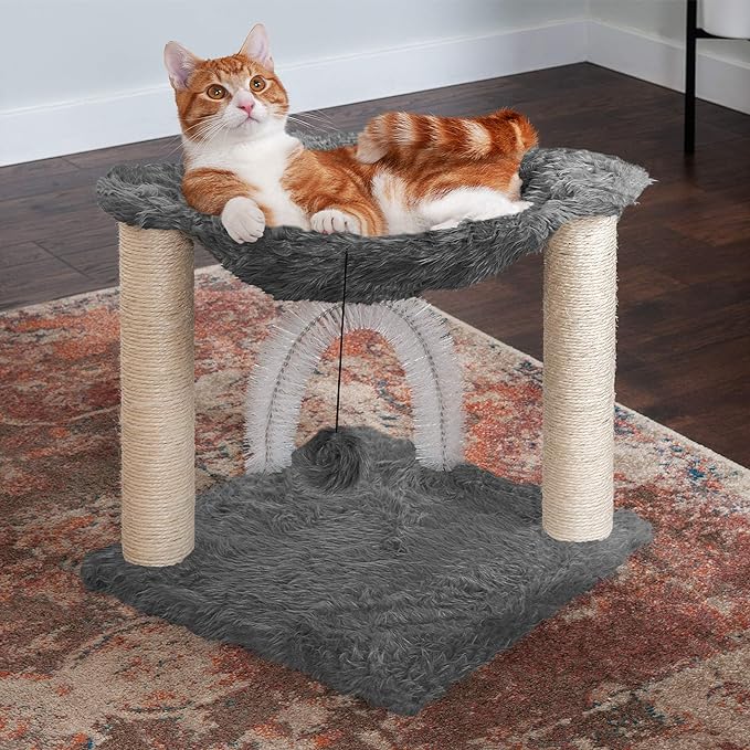 Furhaven 15.75" Tall Playground for Indoor Cats, Ft. Sisal Scratching Posts, Self-Grooming Brush, & Toy - Tiger Tough Hammock Interactive Playground - Silver, One Size