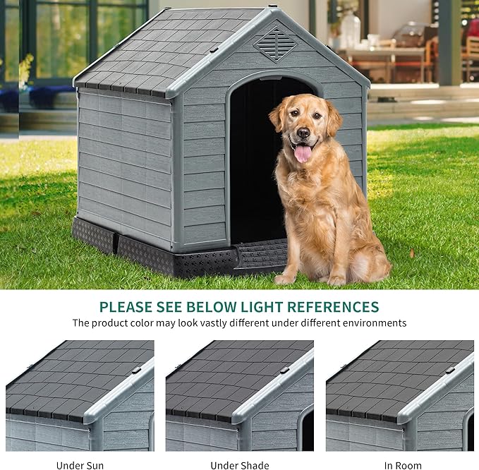 YITAHOME 41'' Large Plastic Dog House Outdoor Indoor Doghouse Puppy Shelter Water Resistant Easy Assembly Sturdy Dog Kennel with Air Vents and Elevated Floor (41''L*38''W*39''H, Black+Gray)