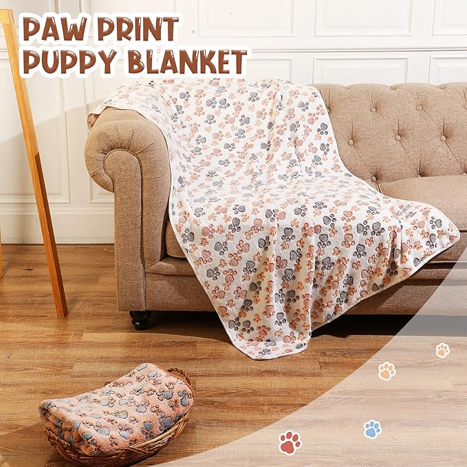 4 Pcs Pet Blanket Dog Puppy Blanket Paw Print Fleece Blanket for Small Medium Pet Dog Cat Warm Soft Sleep Mat Guinea Pig Cage Liners Blanket (White, Coffee, Pink, Purple,X-Large(40 x 63 Inch))