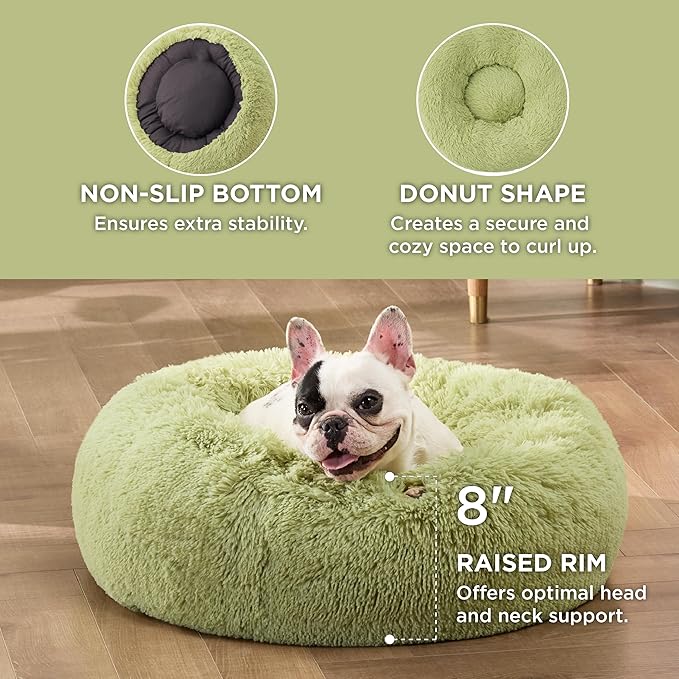 Bedsure Calming Dog Bed for Small Dogs - Donut Washable Small Pet Bed, Round Anti-Slip Fluffy Plush Faux Fur Large Cat Bed, Fits up to 25 lbs Pets, Green, 23 inches