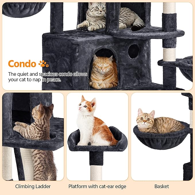 Yaheetech 76.5in Tall Cat Tree Cat Tower with 9 Scratching Posts, 3 Condos, 3 Cozy Perches, 2 Baskets, Dangling Ball, Pet Bed Furniture Activity Center for Indoor Cats Large Kittens, Black