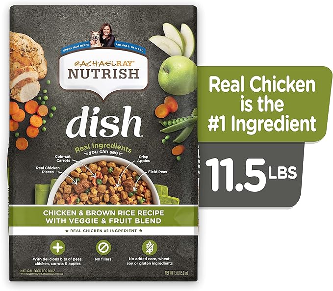 Rachael Ray Nutrish Dish Premium Natural Dry Dog Food with Added Vitamins, Minerals & Taurine, Chicken & Brown Rice Recipe with Veggies & Fruit, 11.5 Pound Bag