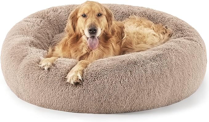 Bedsure Calming Dog Bed for Extra Large Dogs - Donut Washable Large Pet Bed, 45 inches Anti-Slip Round Fluffy Plush Faux Fur Dog Bed, Fits up to 125 lbs Pets, Camel